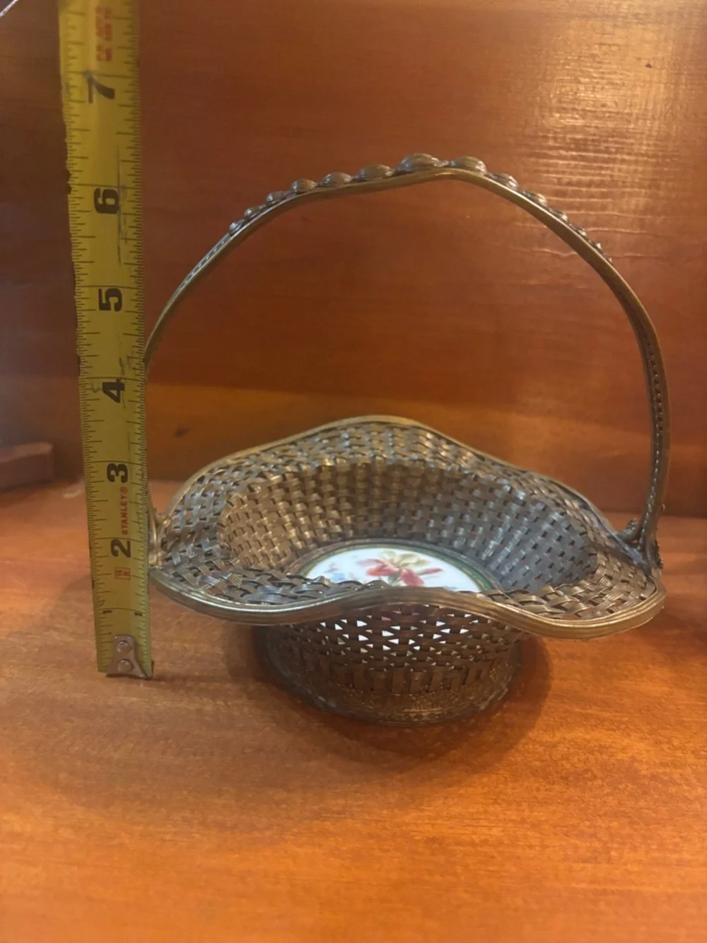 Vintage French Woven Brass Basket with Floral Porcelain Insert - Gold